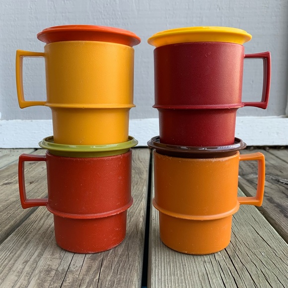 Tupperware Other - Vintage Tupperware Stackable Mugs - Set of 4 with Coaster/Lids